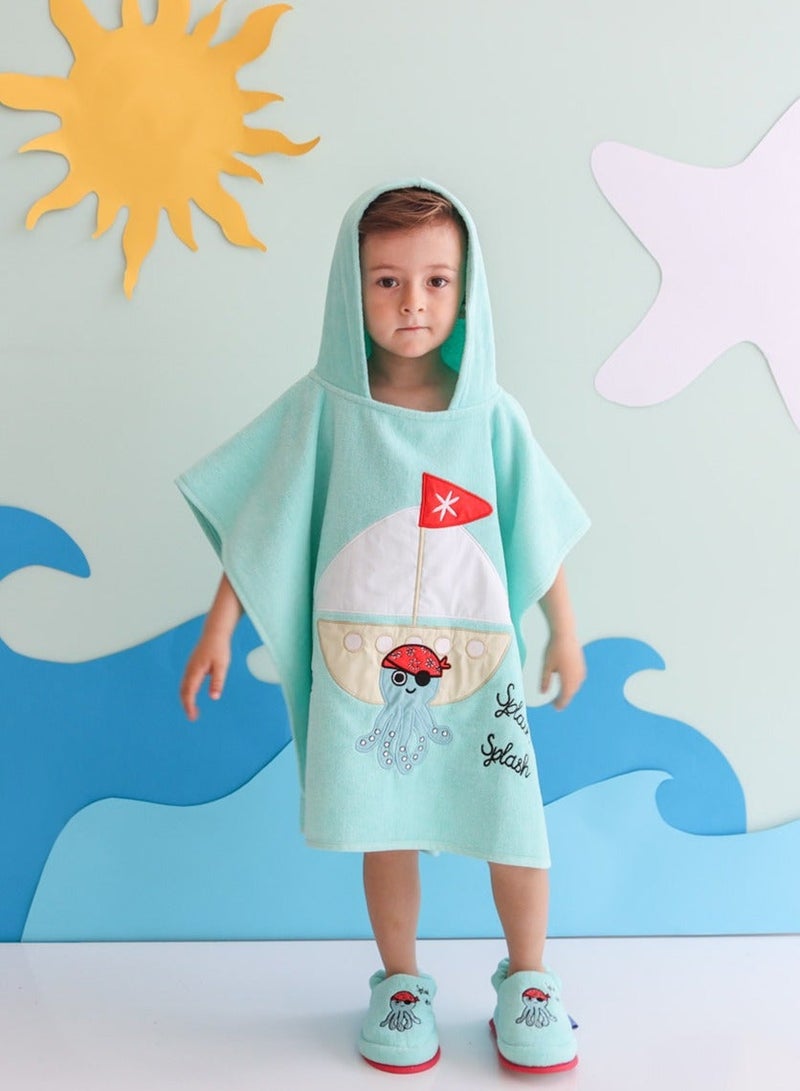 Milk & Moo Kids Hooded Bath Towel Poncho, 4-6 years, 100% Cotton, Beach Changing Robe for Kids, Open Sided, Ultra Soft and Absorbent Beach Towel Poncho, One Size, 57x61 cm, Sailor Octopus Design - Image 1
